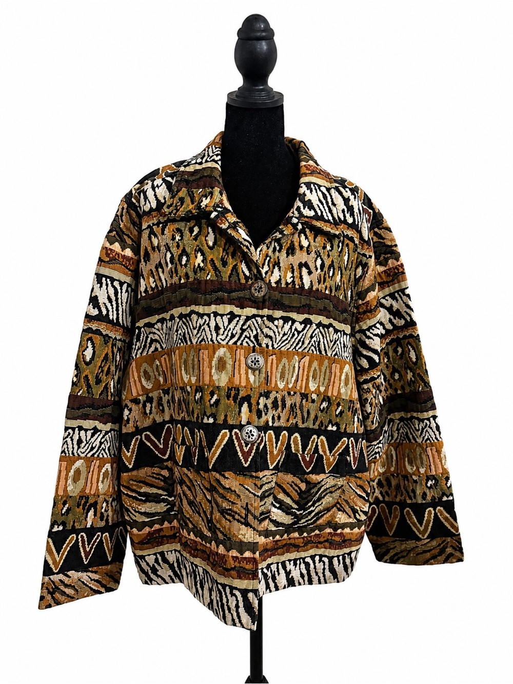 Jane Ashley Multicolor Animal Print Pea Coat — Brown, Black, Cream, Gold